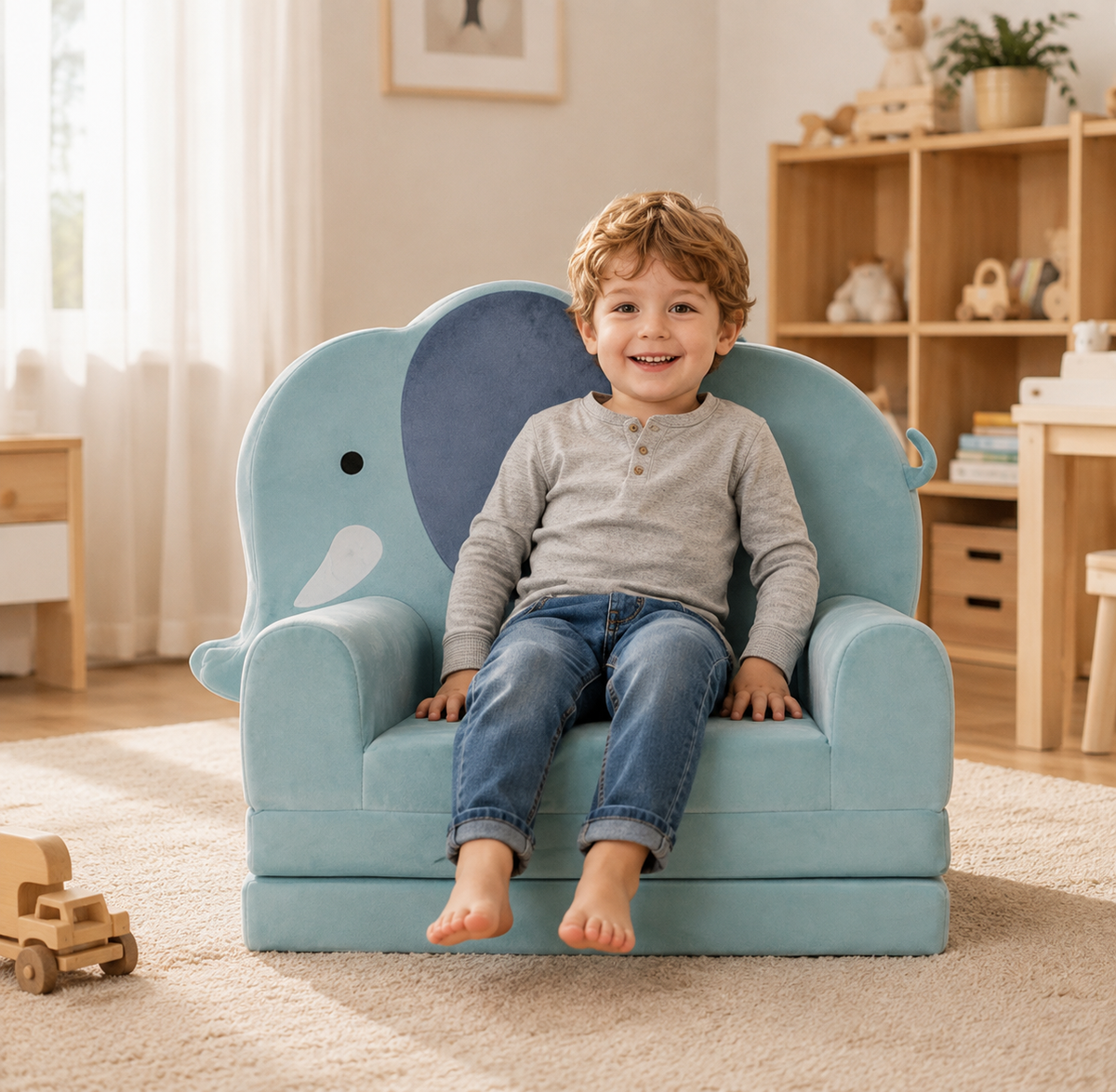 2-in-1 Elefanten Kindersessel mit Liegefunktion – Klappbarer Kindersessel & Kinderliege Matratze