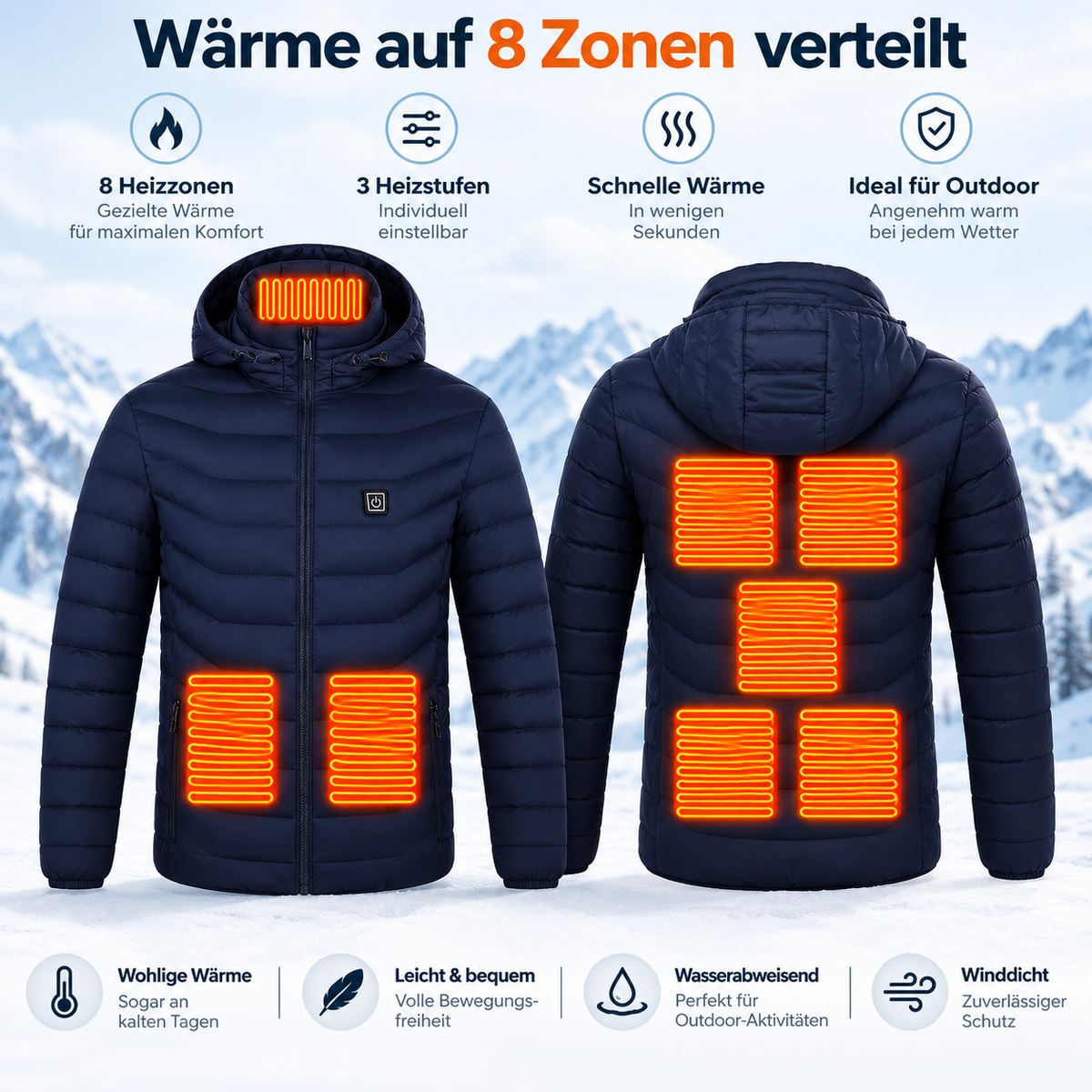 SmartHeat Beheizbare Jacke Thermojacke mit abnehmbarer Kapuze | 8 oder 19 Heizzonen