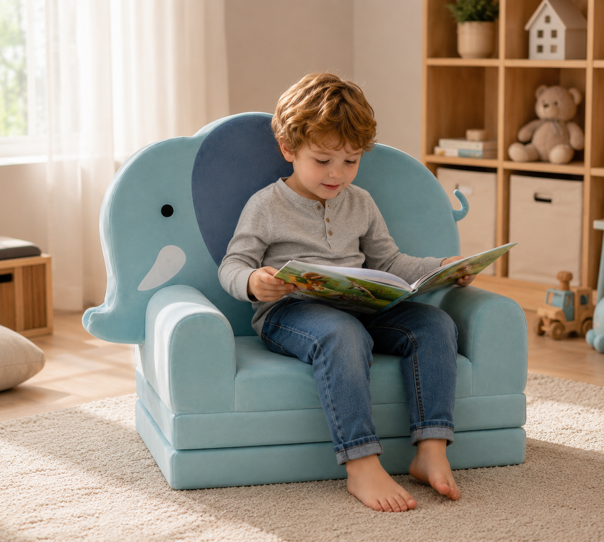 2-in-1 Elefanten Kindersessel mit Liegefunktion – Klappbarer Kindersessel & Kinderliege Matratze