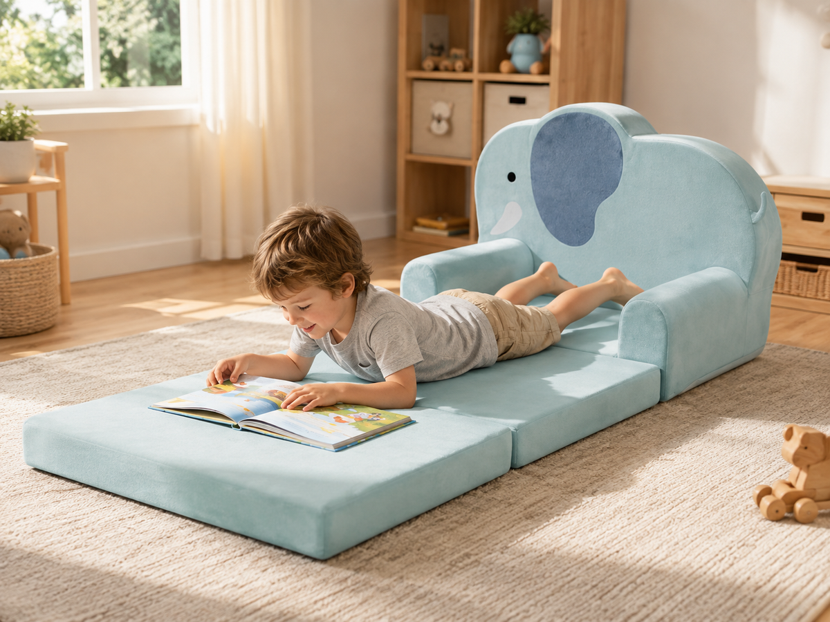 2-in-1 Elefanten Kindersessel mit Liegefunktion – Klappbarer Kindersessel & Kinderliege Matratze