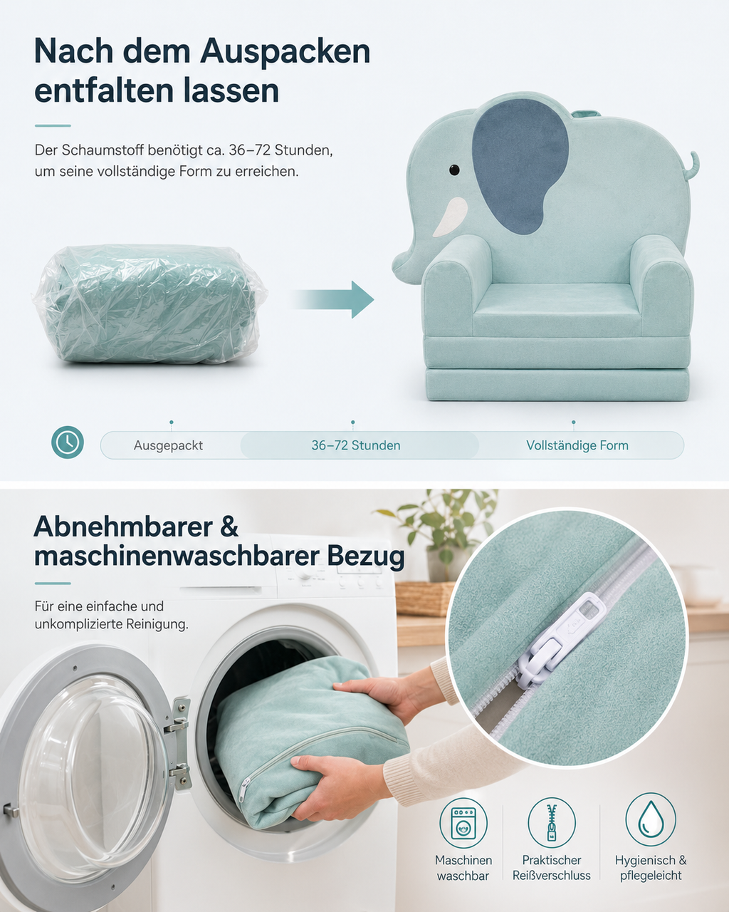 2-in-1 Elefanten Kindersessel mit Liegefunktion – Klappbarer Kindersessel & Kinderliege Matratze