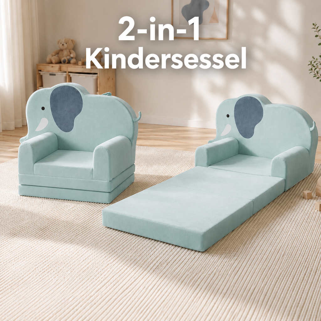 2-in-1 Elefanten Kindersessel mit Liegefunktion – Klappbarer Kindersessel & Kinderliege Matratze