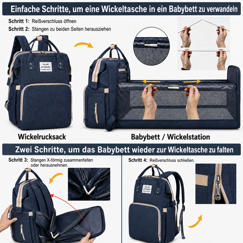 Modische multifunktionale Wickeltasche; tragbare faltbare Mama-Tasche; Rucksack mit großer Kapazität und geringem Gewicht für Mutter & Baby mit faltbarer Stubenwagen